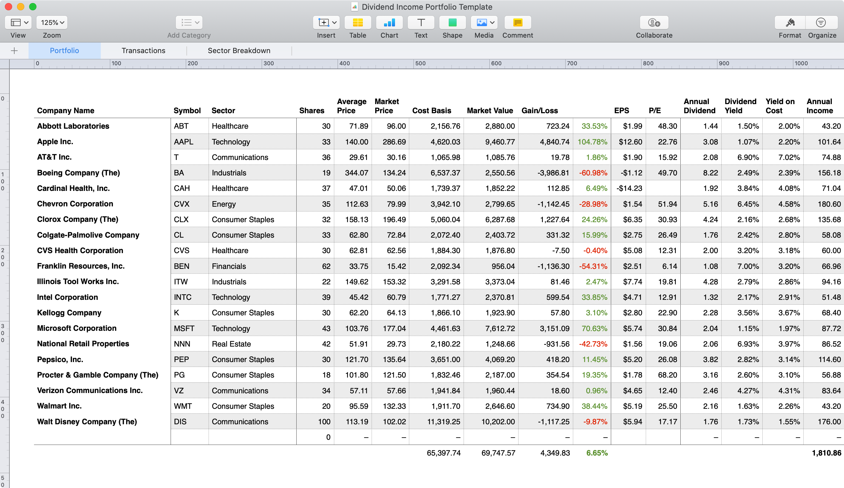 Dividend Income Template for Apple Numbers screenshot