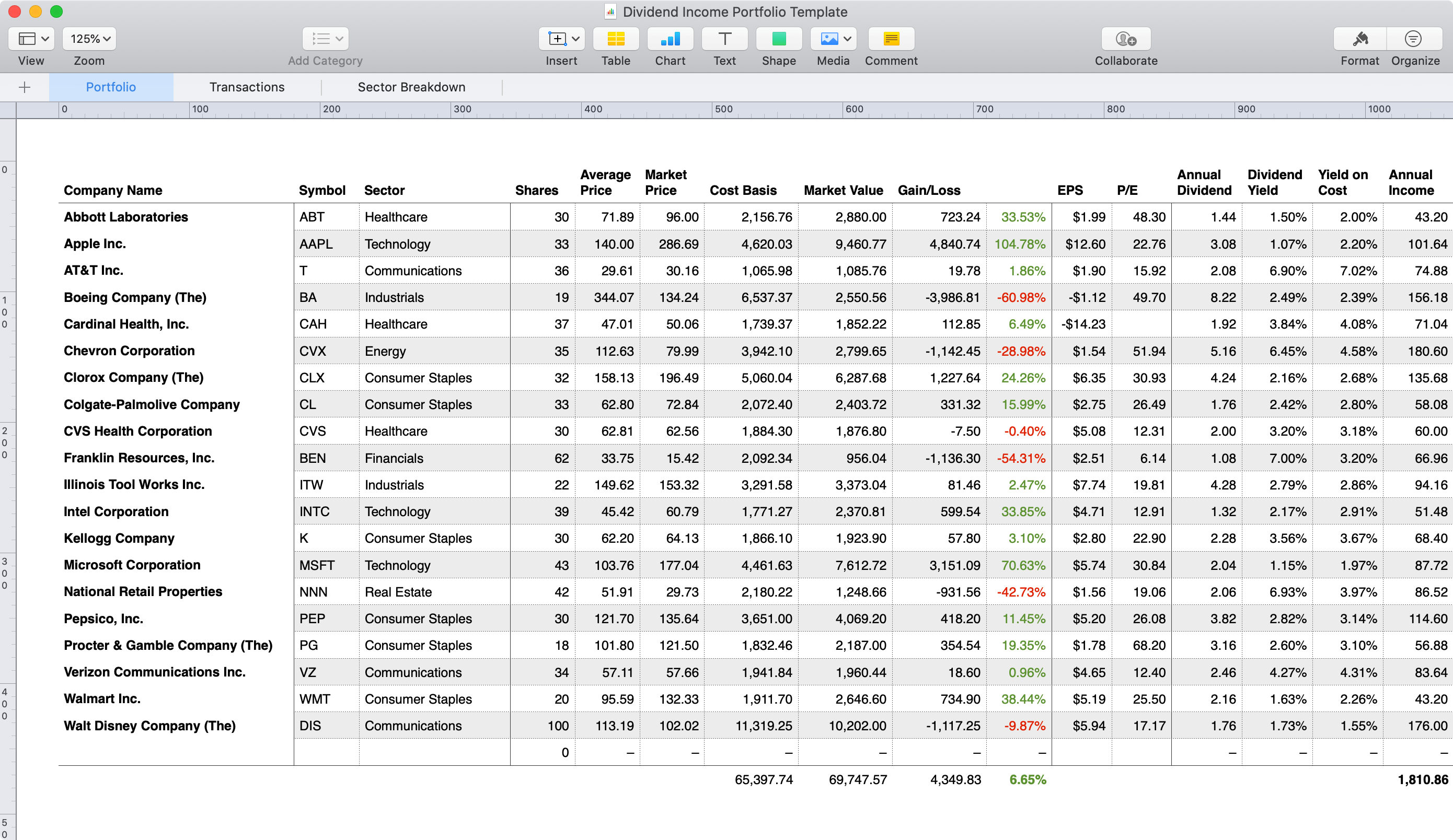 Dividend Income Portfolio Template for Apple Numbers screenshot